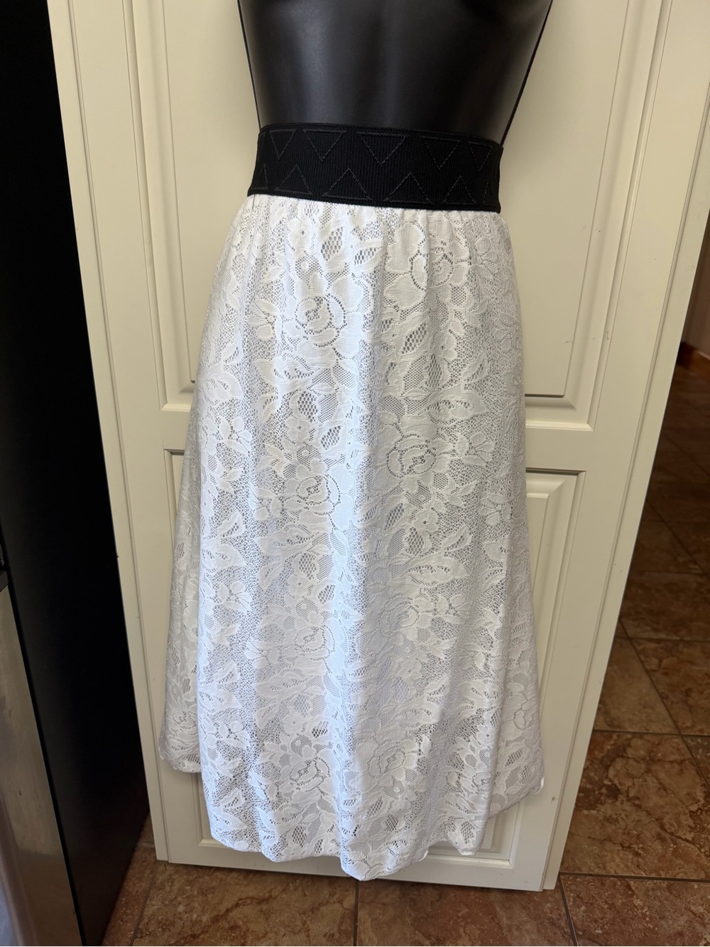 LuLaRoe White Lace Midi Skirt with Black Elastic Waistband
